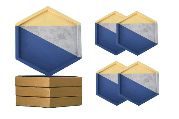 4pcs set Hexagon concrete coasters painted Navy blue and Gold