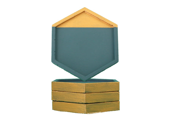 4pcs Hexagon Geometric Emerald Green and Silver Coasters