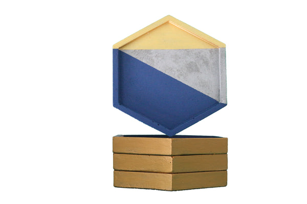 4pcs set Hexagon concrete coasters painted Navy blue and Gold