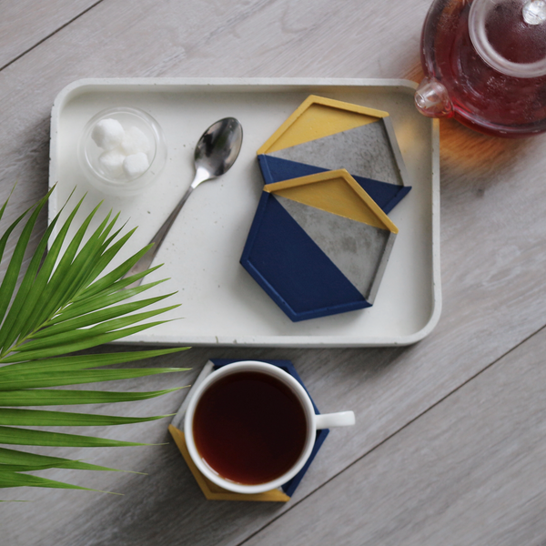4pcs set Hexagon concrete coasters painted Navy blue and Gold
