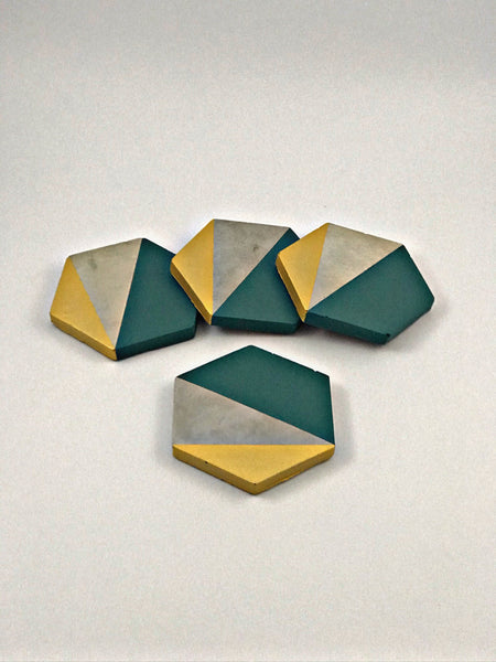 4pcs set Hexagon concrete coasters painted Emerald Green and Gold
