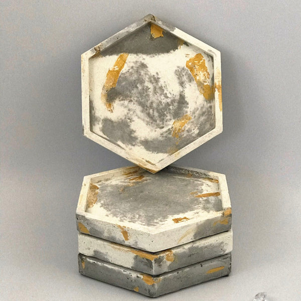 4pcs set Grey White Gold Marble Effect Hexagon Concrete Coasters