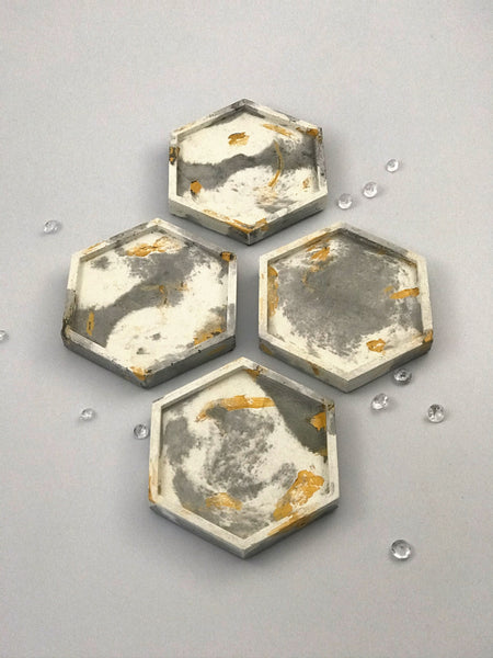 4pcs set Grey White Gold Marble Effect Hexagon Concrete Coasters