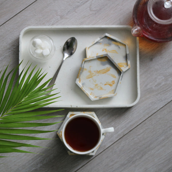 4pcs set Grey White Gold Marble Effect Hexagon Concrete Coasters