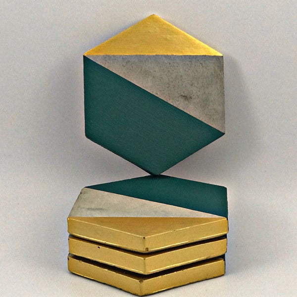 4pcs set Hexagon concrete coasters painted Emerald Green and Gold