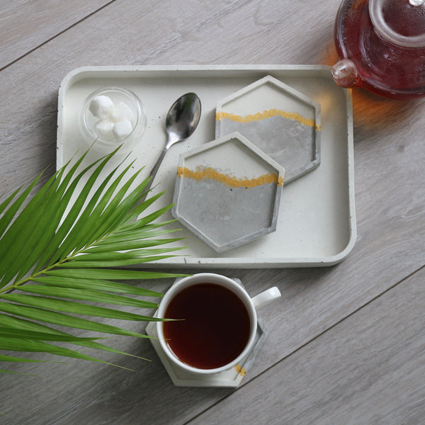 4 Pcs Set Hexagon Geometric Coasters Grey White Gold