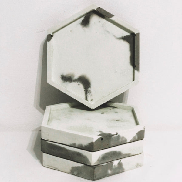 4pcs set Grey White Marble Effect Hexagon Concrete Coasters