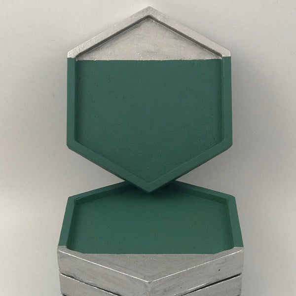 4pcs Hexagon Geometric Emerald Green and Silver Coasters