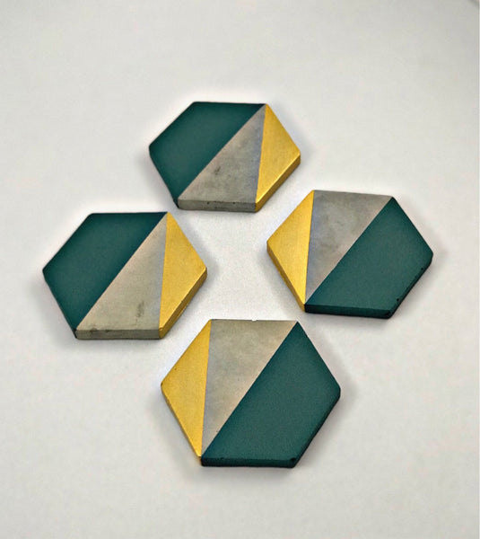 4pcs set Hexagon concrete coasters painted Emerald Green and Gold